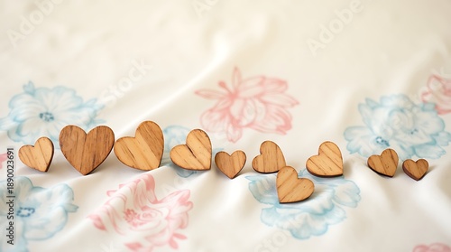 Wooden Hearts on Floral Fabric – Romantic Craft Arrangement with Pink Flowers and Natural Texture