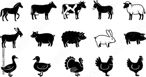 Icons collection of farm animals and birds in trendy flat style, including horse, cow, donkey, sheep, goat, pig, rabbit, duck, goose, turkey, and chicken, isolated silhouette black and white