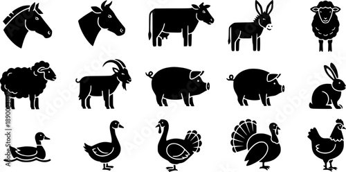 Icons collection of farm animals and birds in trendy flat style, including horse, cow, donkey, sheep, goat, pig, rabbit, duck, goose, turkey, and chicken, isolated silhouette black and white