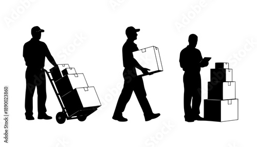 Delivery man silhouette vector. Silhouette of a delivery man pushing a cart with box. Mover pushing moving hand truck or dolly with boxes flat vector icon. vector silhouette on white background.