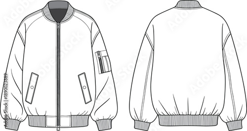 Bomber jacket technical outline with front and back views isolated on white background for fashion apparel design and outerwear illustration