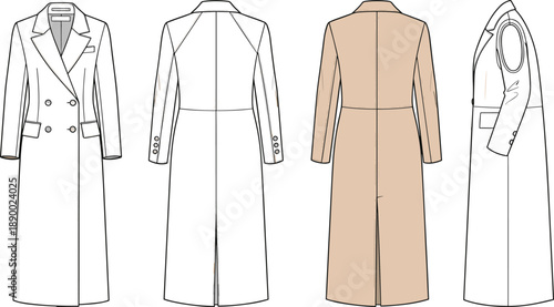 Women long coat technical outline with front back and side views isolated on white background for fashion apparel design