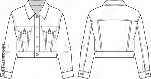 Women cropped denim jacket technical outline with front and back views isolated on white background for fashion apparel design