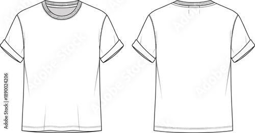 Basic short sleeve t shirt technical outline with front and back views isolated on white background for apparel fashion design