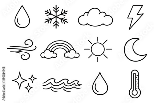 Hand drawn line art weather elements set featuring various climate and natural phenomena symbols for weather forecasting and related applications