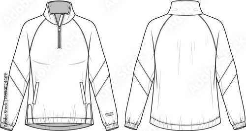 Women half zip jacket technical outline with front and back views isolated on white background for activewear apparel design