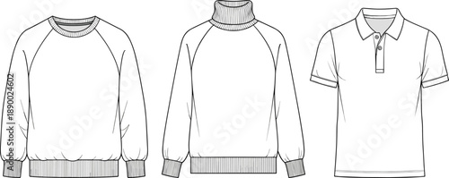 Set of men clothing technical outlines including sweatshirt turtleneck sweater and polo shirt isolated on white background for fashion apparel design