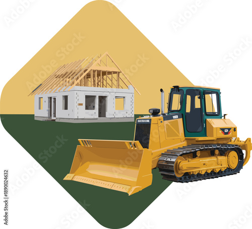 Construction site illustration, bulldozer and house building framework, residential development concept, heavy machinery, real estate construction, white background design