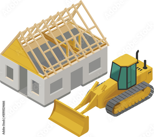 House construction illustration with bulldozer, building framework process, residential development concept, heavy machinery, architecture project, white background vector