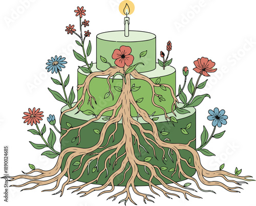 Candle on a green cake with roots and flowers growing out of it, symbolizing growth and harmony