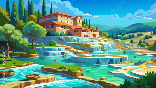Very beautiful thermal springs of Saturnia in Tuscany, Italy, featuring turquoise cascading water, limestone terraces, and serene natural spa scenery under clear blue skies.