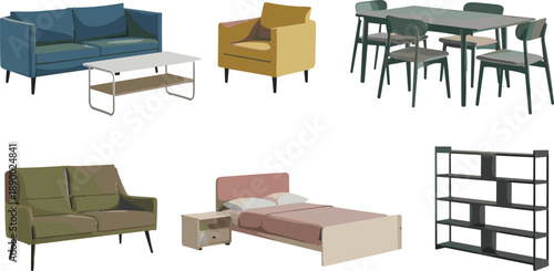 Modern furniture set collection, sofa armchair dining table bed shelving, minimalist home interior design elements, contemporary household furnishings, white background