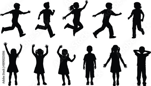 Set of active children silhouettes running jumping and playing isolated on white background for education childhood and motion concepts