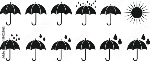 Set of umbrella weather icons with rain drops and sun symbols isolated on white background for forecast and climate concepts