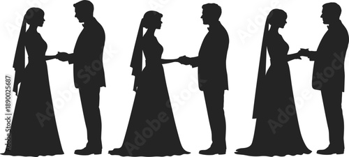 Romantic bride and groom silhouette collection, elegant wedding couple vector illustration for marriage invitation card design