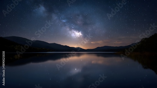 Wallpaper Mural Majestic Milky Way galaxy arches over a serene reflective lake at night with silhouetted mountains on the horizon Torontodigital.ca