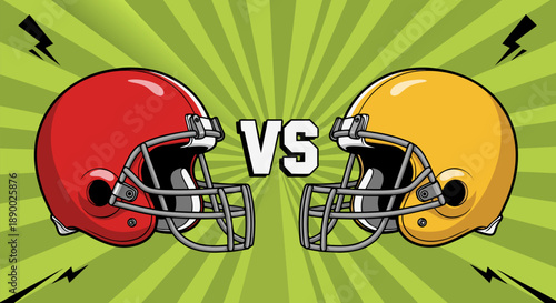 American Football Helmets Face-off Competition Vector Illustration - Red vs Yellow Clash for Victory