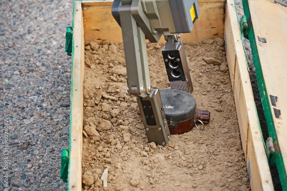 Naklejka premium A minesweeper robot for mine clearance. Military exercises.