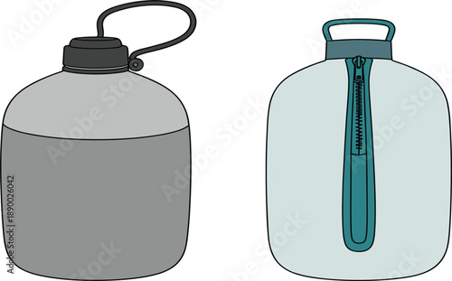 Hand drawn vector illustration of reusable water bottles and gallon containers for healthy hydration lifestyle concept
