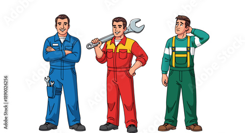 Vector illustration of three male mechanics in work uniforms, one holding a wrench, on a white background