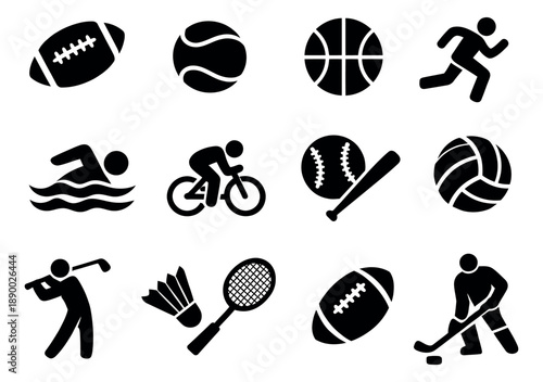 Simple graphic sports icon set featuring athletic activities and equipment for various design projects