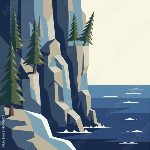 Stylized Graphic Illustration of Rugged Coastal Cliffs