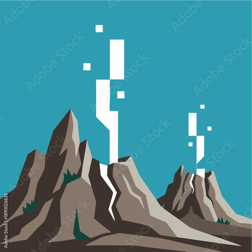 Stylized Volcanic Landscape Illustration with Steam Plumes