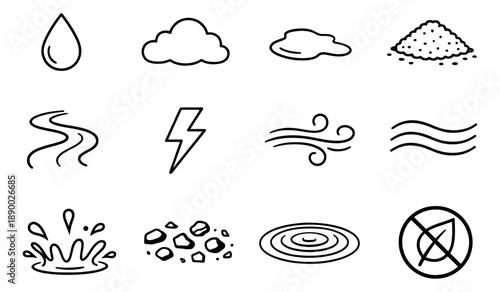 Hand drawn line art natural elements set featuring water, clouds, wind, lightning, rocks, and ripples for environmental concepts