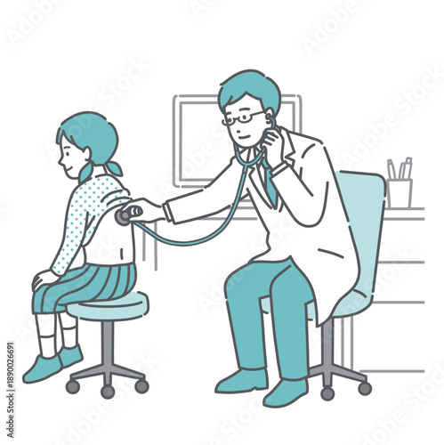 白衣を着用した男性医師による女の子の背中の聴診イラスト
