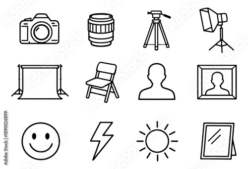 Line art creative studio set featuring camera, lighting equipment, and conceptual elements for design