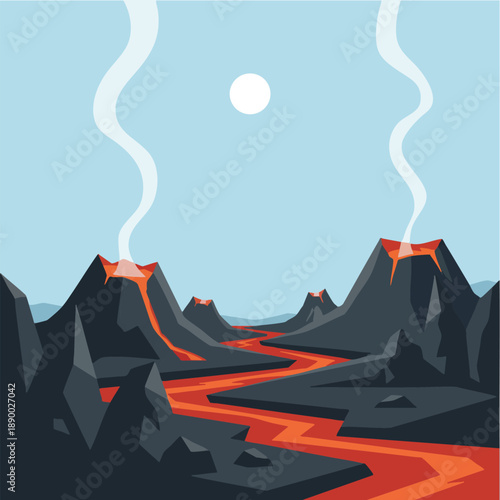 Vector illustration of volcanic eruption landscape with flowing lava river