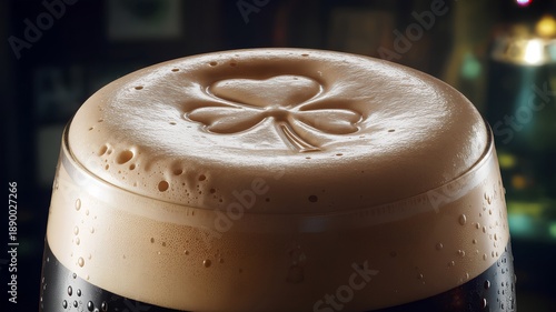 Close-up macro shot of a perfect shamrock shape created in the creamy foam of a dark stout beer. Perfect for st. patrick's day promotions