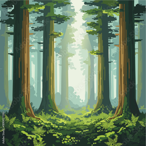 Pixel art illustration of tall forest woods with sunlight beam