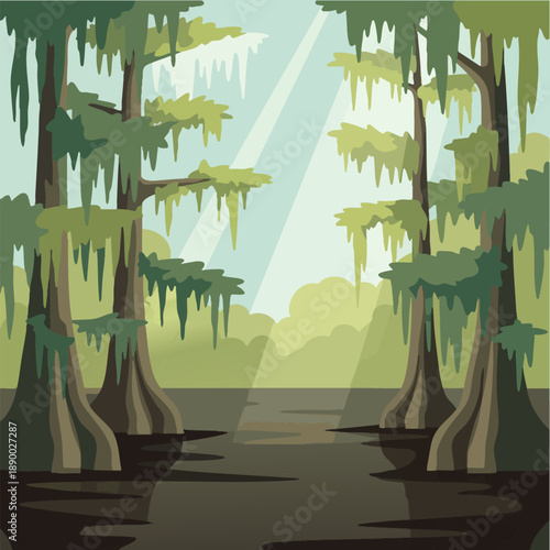 Stylized illustration of a murky swamp forest and bayou wetlands