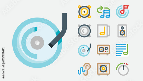 DJ set and music mixing device icons set