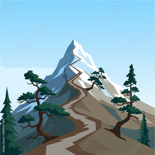 Graphic illustration of snowy mountain landscape with winding trail.
