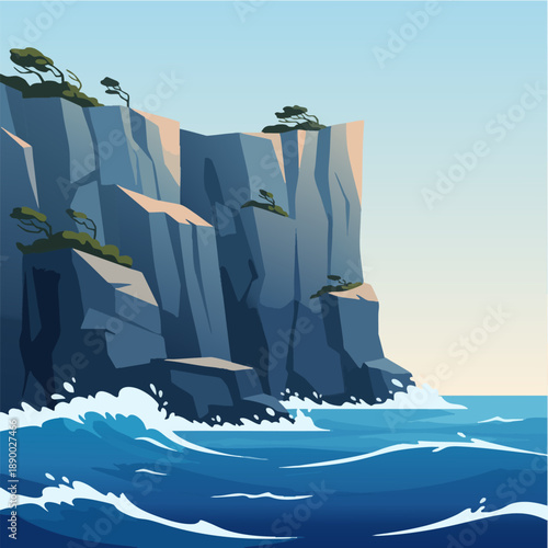 Dramatic Ocean Cliff with Crashing Waves Illustration