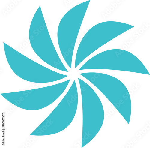 Abstract turquoise pinwheel icon with eight blades isolated on white background. Minimalist flat style vector symbol for logo, business, sign