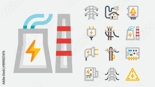 Energy industry and power generation icons set