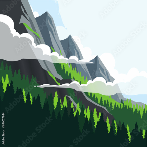 Stylized mountain range with dense forest and misty clouds.