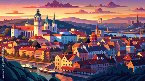 Very beautiful aerial cityscape of Bratislava Old Town at sunset, highlighting Saint Martin’s Cathedral, castle hill, and the Danube River glowing under warm evening light.