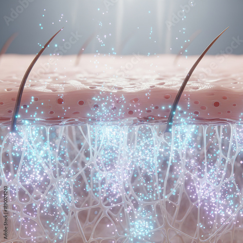 active ingredients as glowing particles entering skin pores
