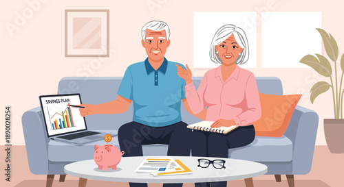 Retired couple discussing investment growth and savings plan at home with a piggy bank, ideal for financial planning promotions and retirement seminars