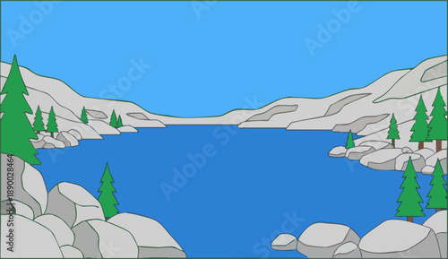 Rocky mountain lake landscape flat vector illustration background