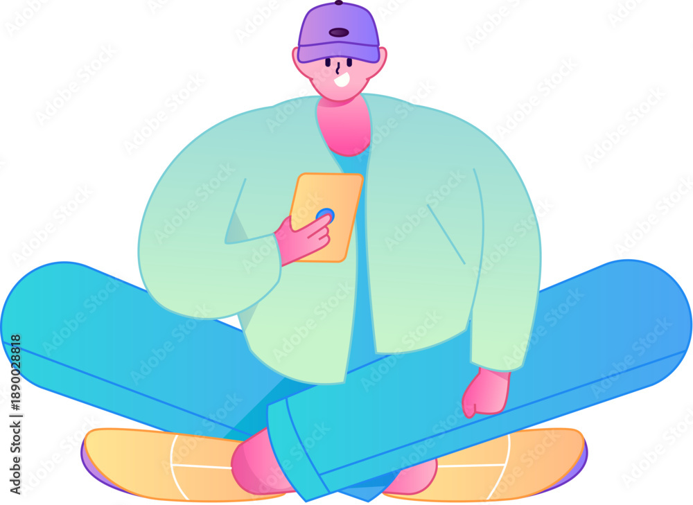 Obraz premium Vector gradient illustration of a character holding a mobile phone and engaging in social interaction. 