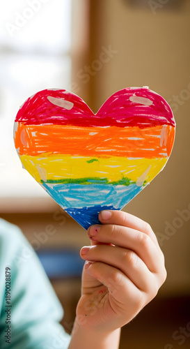  Symbol of Love and Acceptance: Rainbow Heart. Child Holding Handmade Rainbow Heart for LGBTQ Pride Month
