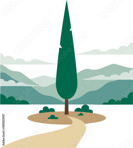 Minimalist cypress tree illustration on winding path landscape view
