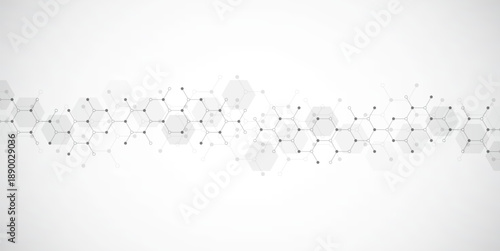 Hexagons pattern on gray background. Genetic research, molecular structure. Chemical engineering. Concept of innovation technology. Used for design healthcare, science and medicine background