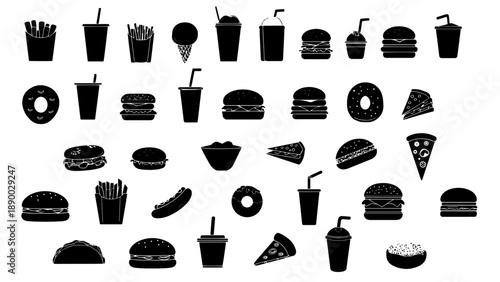 Set of food and junk food vectors, icon style, silhouette logo