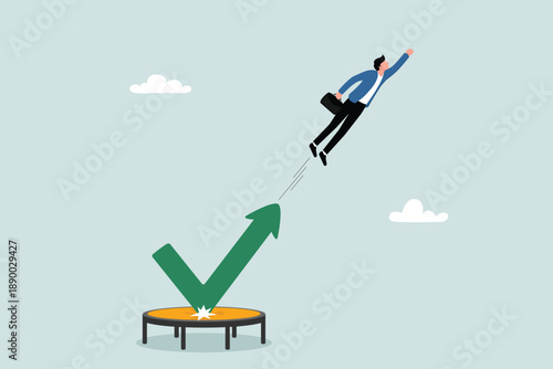 Stock market recovery, overcoming business downturn and increasing profits, achievement concept, entrepreneur jumping high on trampoline with green performance arrow graph continuously rising.